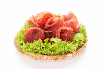Sandwich with salami sausage on white background.