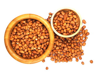 uncooked peanut bean in the wooden bowl and spoon isolated on white background, top view.