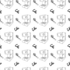 Seamless pattern from outline coffee machine with portafilter and lettering coffee maker on white background. Vector isometry illustration for your business.