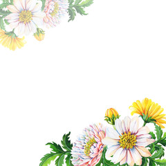 Watercolor Greeting card, invitation with chrysanthemums on a white background.Summer,autumn floral