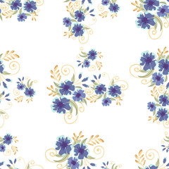 Fototapeta na wymiar Vintage seamless pattern with field small blue flowers on white background. Flower vector. Romantic floral surface design. Spring landscape.