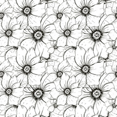 Flower backdrop. Hand drawn seamless pattern with sketch style flowers. Monochrome vector background.	