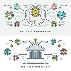 Obraz premium Flat line Investment and Business Management Concept Vector illustration. Modern thin linear stroke vector icons.