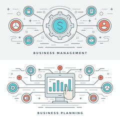 Flat line Business Management and Planning Concept Vector illustration. Modern thin linear stroke vector icons.