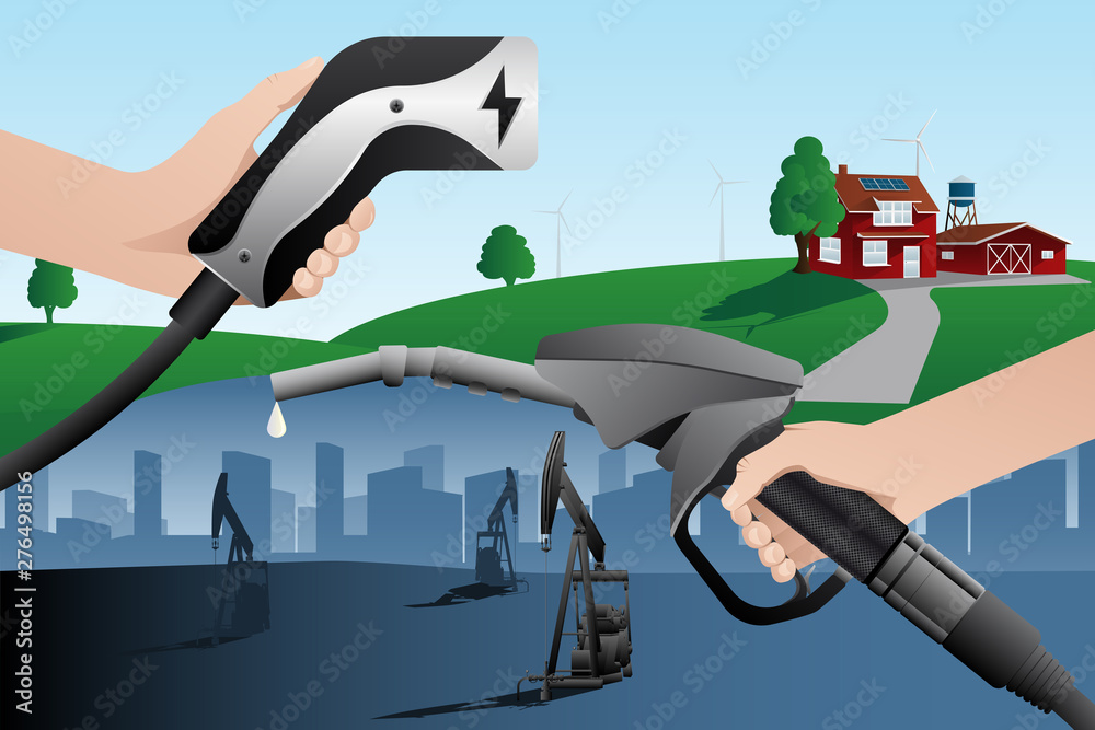 Wall mural Hand with charging plug for electric vehicle and hand with fuel nozzle. Alternative future with renewable energy. Vector illustration