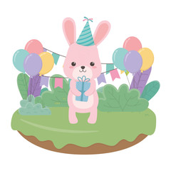 Obraz premium Rabbit cartoon with happy birthday icon design