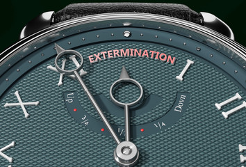 Achieve Extermination, come close to Extermination or make it nearer or reach sooner - a watch symbolizing short time between now and Extermination., 3d illustration