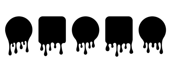 Black blobs set. Drip drops, round and square spots, splash shapes, ink paint leak or liquid black stains isolated collection. Vector illustration.