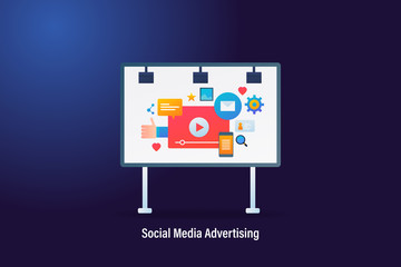 Social media, digital marketing icons and elements on a billboard, conceptual vector web banner.