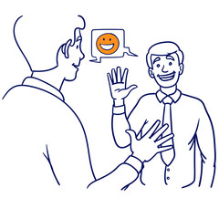 Vector drawing of two colleagues greeting each other in the office and not bobbing. positive example of office rules. comic, outline, sketch, blue, yellow, smily, wave