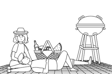 Couple of woman and man having picnic design