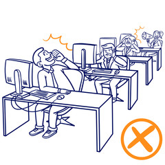 Vector drawing of a large room office talking loudly. unpleasant volume annoys colleagues and employees. comic, outline, office, rules, writing, noise.