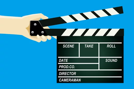 映画の撮影に使うカチンコ ボード のイラスト 手に持つカチンコ 青背景 Stock ベクター Adobe Stock