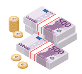 Isometric stacks of 500 euro banknotes. Paper money and coins. Five hundred bills. European currency notes. Vector illustration.
