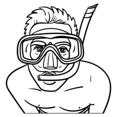 Vector drawing of a man wearing a diving mask with a snorkel and looking into the camera. Hand drawn vector illustration, holiday, bathing, diving, snorkeling, swimming, outline.