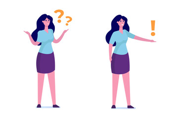 Problem solving concept. Woman thinking about problem with question mark. Vector illustration