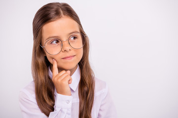 Close-up portrait of her she nice attractive sweet lovely calm peaceful intellectual pre-teen girl thinking science decide solution isolated over light white grey background