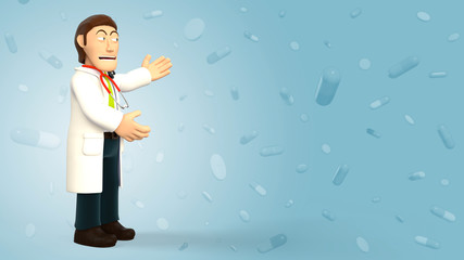 Cartoon 3d doctor with a stethoscope smiling and making a presentation on a blue background with falling pills and tablets 3d rendering