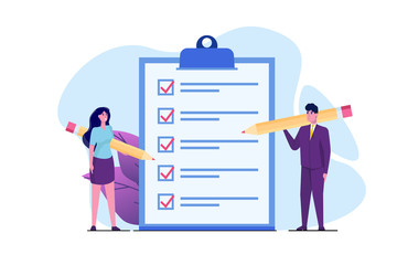 Businessman and Businesswoman checklist concept. Teamwork Checking business  task success, questionnaire checkbox. Vector illustration.