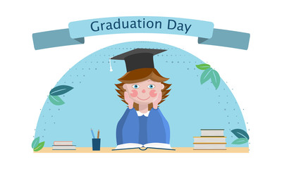 Cartoon girl sitting at the table. On the table is an open book and piles of books, a glass with pencils. On the girl's head is an academic cap. Caption: Graduation Day. 