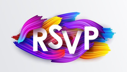 RSVP on the background of colorful brushstrokes of oil or acrylic paint. Text with a gradient brush isolated on white background, creative design element, vector illustration EPS10