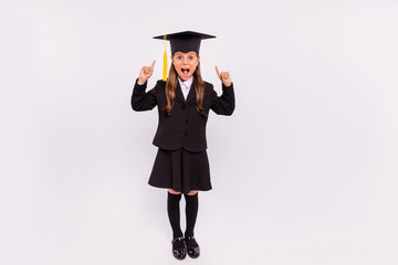 Full length body size view of nice attractive intelligent cheerful excited ecstatic glad pre-teen girl scientist pointing two fingers up showing demonstrate isolated on light white grey background