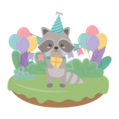 Raccoon cartoon with happy birthday icon design