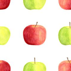 Watercolor apples seamless pattern isolated on white background. Hand drawn red and green fruits for packaging, menu design, scrapbooking, textile, print, cards, cover, food wrapping.