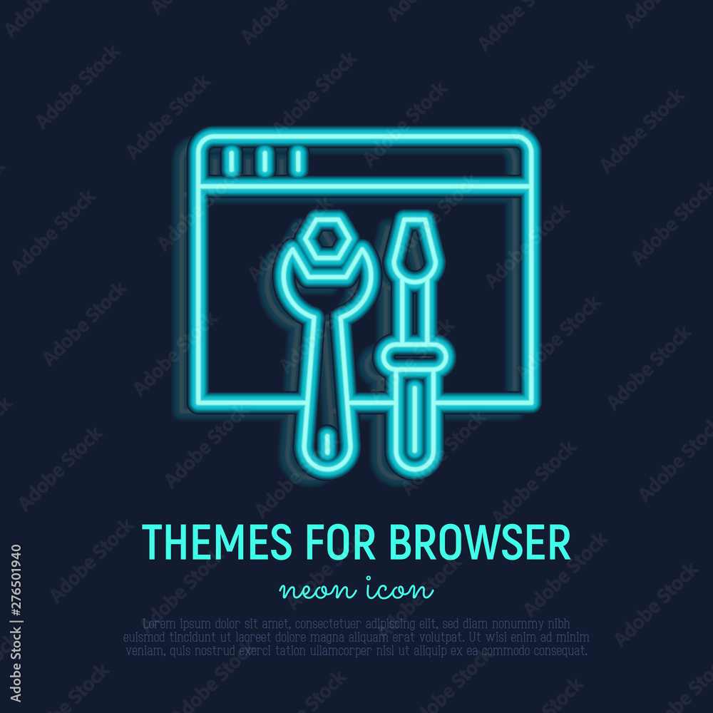 Wall mural browser settings neon thin line icon: wrench and screwdriver on web page. modern vector illustration