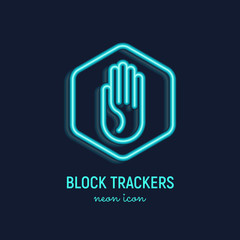 Ad block neon thin line icon: hand stop sign. Modern vector illustration.