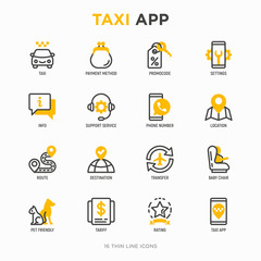Taxi app thin line icons set: payment method, promocode, app settings, info, support service, phone number, location, pointer, route, destination, airport transfer, baby seat. Vector illustration.