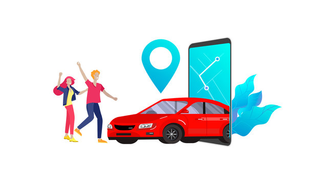 Mobile city transportation, online car sharing with cartoon family people  character and smartphone, online carsharing. Vector flat style illustration  Stock Vector | Adobe Stock