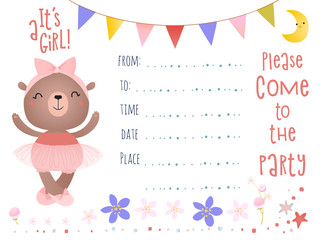 Invitation design with a teddy bear. Birthday party.