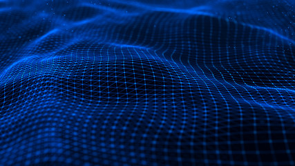 Data technology futuristic illustration. Network of connected dots and lines on dark background. Wave of bright particles. Abstract digital background. 3d rendering.