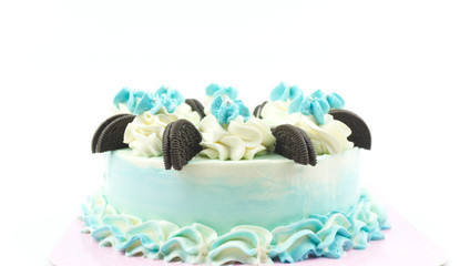Blue Cake on white background, Closeup Front view Food concept.