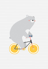 Cute and relaxed bear on a bicycle. Vector illustration in a scandinavian style. Super cute and funny poster.