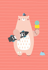 Cool bear with a skateboard and an ice cream in his hands. Vector illustration in a scandinavian style. Cute and funny summer poster.