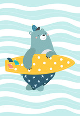Bear with a surfboard on an abstract background. Vector illustration in a scandinavian style. Cute and funny poster.
