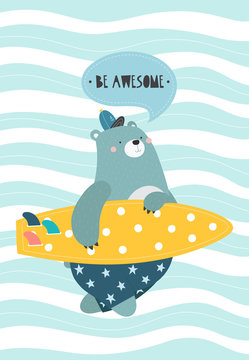 Cool bear with a surfboard on an abstract background. Vector illustration in a scandinavian style. Funny poster.