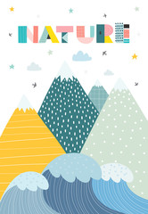 Landscape in a scandinavian style with textured inscription "Nature". Vector illustration, creative poster.