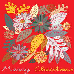 Hand illustration of merry christmas with flowers and leaves decoration on red background. Poster, card, wrapping paper, postcard, banner, clothes, bags.