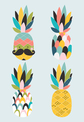 Poster with four stylized pineapples. Vector illustration in a scandinavian style. Cute and funny poster.