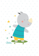 Cute little rhino on a skateboard. Vector illustration in a scandinavian style. Cute and funny poster.