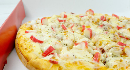 Pizza in box delivery on white background, Blank for design, food concept Front view..