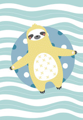 Cute and relaxed sloth on a inflatable ring. Vector illustration in a scandinavian style with abstract background. Funny poster.