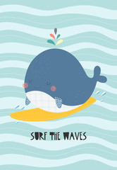 Cute whale on a surf with a sign 