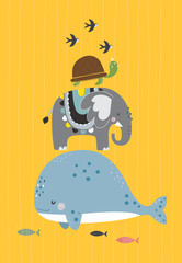 Turtle, elephant and whale standing on top of each other like a pyramid. Vector illustration in a scandinavian style. Funny poster.