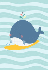 Cute whale on a surf. Vector illustration in a scandinavian style. Cute and funny poster.