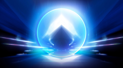 Neon circle, wet asphalt, reflection. Neon circle with the center of a dark empty scene with spotlights. Abstract light. Lights of the night city, abstract light