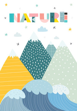 Fototapeta Landscape in a scandinavian style with textured inscription "Nature". Vector illustration, creative poster.